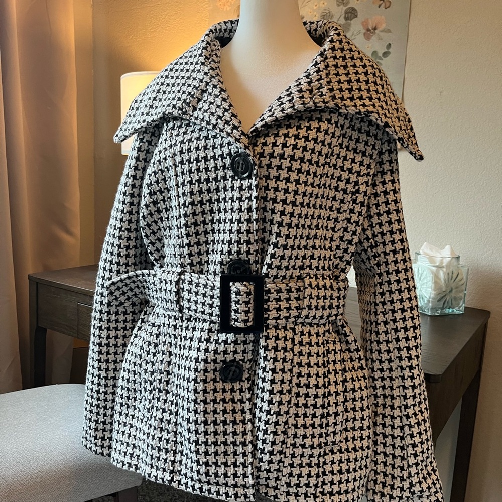 Me Jane Black and White Pea Coat with Houndstooth Pattern